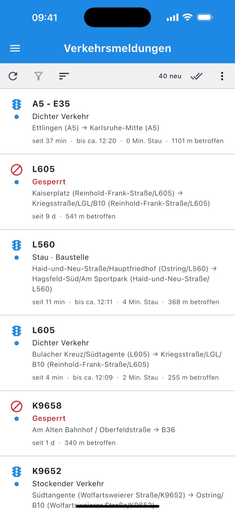 Die Liste der Verkehrsmeldungen mit Straßenname, Art der Störung, Verlauf, Dauer und betroffener Länge.
