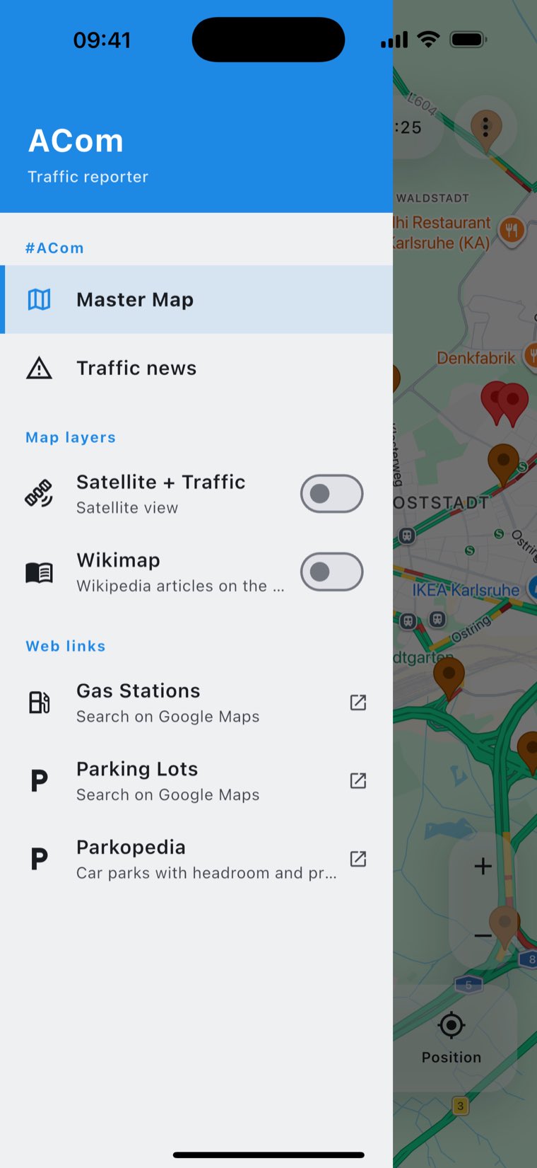The navigation drawer with the main map and traffic incidents, then the map layers Satellite + traffic and Wikimap as switches, then the web links for petrol stations, car parks and Parkopedia.
