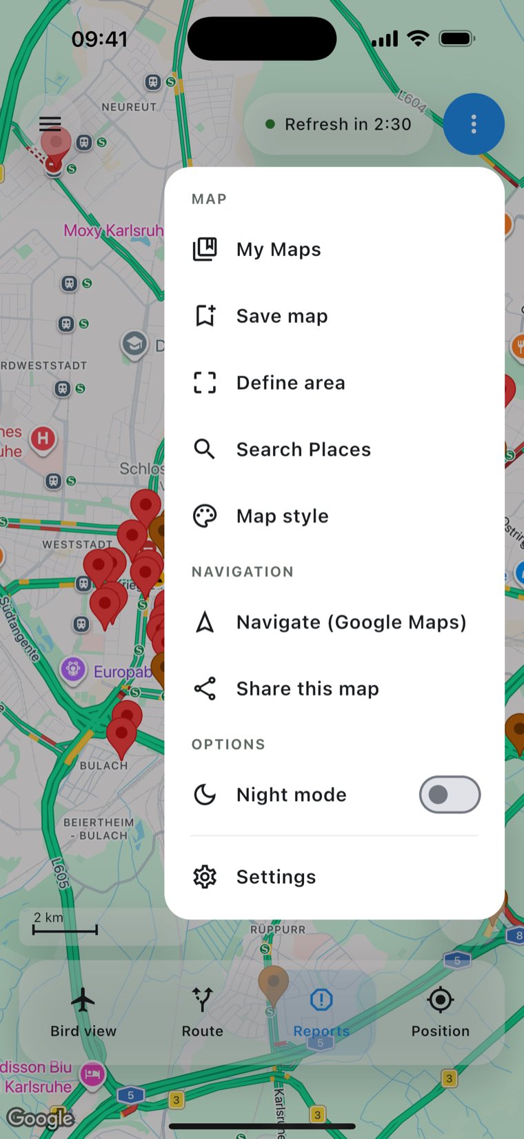 The map menu with My maps, Save map, Define area, Search places, Map style, Navigate, Share map, Night mode and Settings.
