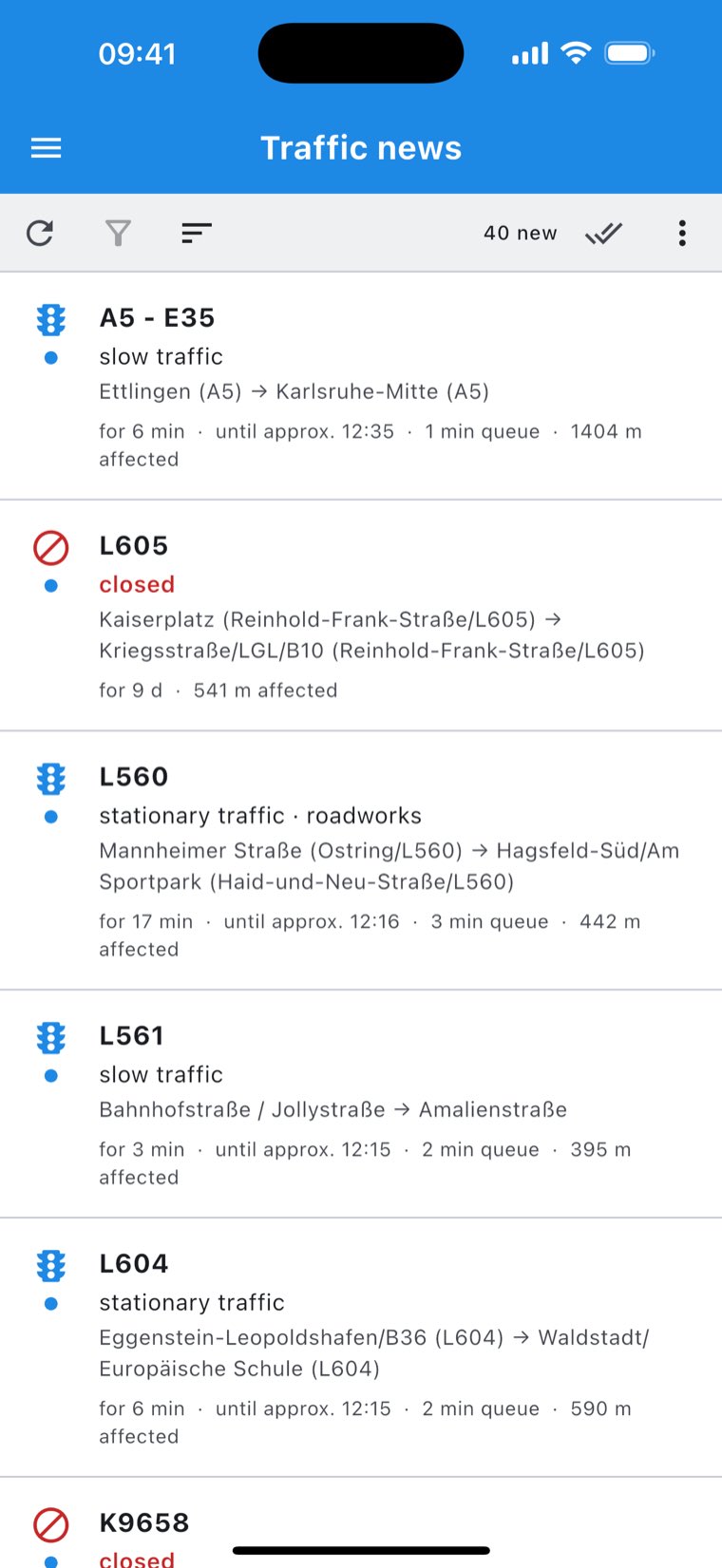 The traffic incident list showing road name, kind of disruption, the stretch affected, duration and length.